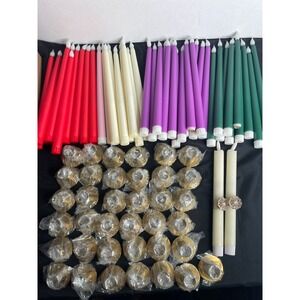 Set of 45 Tall Battery-Powered Taper‎ Candles White Red Purple Green w/ Stands